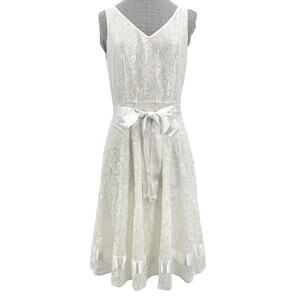Tahari ASL Ivory White Lace Satin Bow Dress Sleeveless V Wedding Formal Size 8